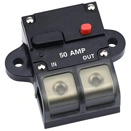 Cllena 50 Amp Circuit Breaker with Manual Reset, 0-8 Gauge Wire Inline Fuse Block 12V - 42V DC for Car Rv Marine Automotive Stereo Audio Electronic System Cllena 50 Amp Circuit Breaker with Manual Reset, 0-8 Gauge Wire Inline Fuse Block 12V - 42V DC for Car Rv Marine Automotive Stereo Audio Electronic System