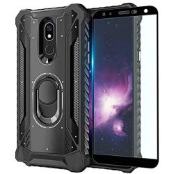 TJS Phone Case Compatible with LG K40/K12 Plus/X4/Solo LTE/Harmony 3/Xpression Plus 2 [Full Coverage Tempered Glass Screen Protector] Aluminum Ring Magnetic Support Built-in Metal Plate Back (Black)