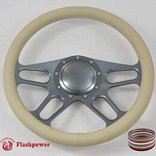 14'' Gun Metal Billet Steering Wheel Full Wrap with Horn Button-Tan