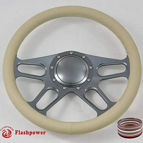 14'' Gun Metal Billet Steering Wheel Full Wrap with Horn Button-Tan 14'' Gun Metal Billet Steering Wheel Full Wrap with Horn Button-Tan