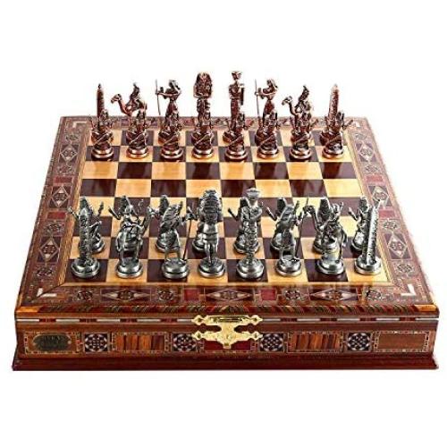 GiftHome Egypt Pharaoh Antique Copper Figures Metal Chess Set for Adults Handmade Pieces and Natural Solid Wooden Chess Board with Pearl Design Around Board and Storage Inside King 3.4inc