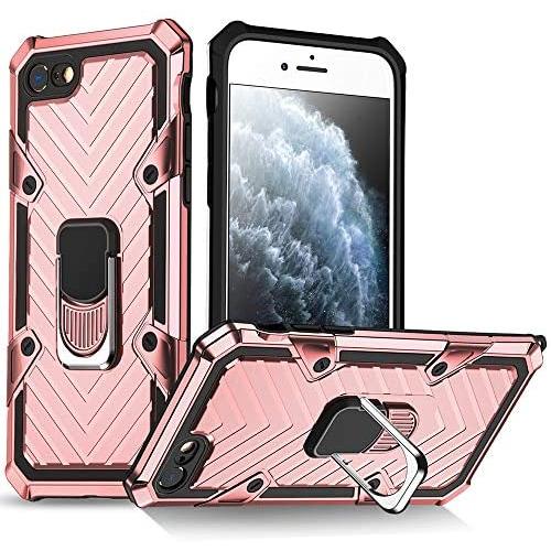 Military Grade for iPhone 8 Case iPhone 7 Case iPhone SE 2020 Metal Rotating Ring with Kickstand Holder Armor Heavy Duty Shockproof Drop Protective Cover for iPhone 8/7/SE 2020 Phone Case (Rose Gold)