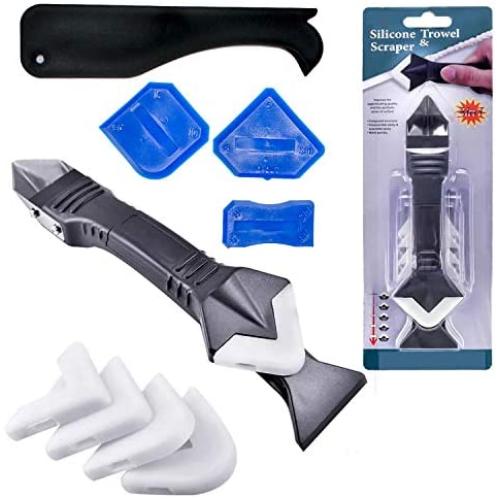 3 in 1 Silicone Caulking Tools（stainless steelhead）, Sealant Finishing Tool Grout Scraper, Reuse and Replace 5 Silicone Pads, Great Tools for Kitchen Bathroom Window, Sink Joint