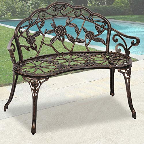 Garden Bench Outdoor Bench Park Benches for Outdoors Metal Aluminum Porch Chair Seat Furniture Perfect for Patio Park Yard Deck Entryway, Floral Rose Accented Bronze