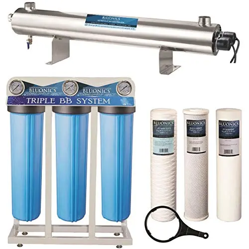 Bluonics 110W UV Ultraviolet Light + Sediment & Carbon Well Water Filter Purifier System with NPT 1'' Ports > 24 GPM UV Sterilizer with 3 Big Blue Size 4.5 x 20 Filters Bluonics 110W UV Ultraviolet Light + Sediment & Carbon Well Water Filter Purifier System with NPT 1'' Ports > 24 GPM UV Sterilizer with 3 Big Blue Size 4.5 x 20 Filters