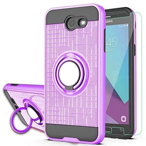 Galaxy J3 Emerge/J3 Eclipse/J3 Prime/J3 Mission/Luna Pro/Sol 2/Express Prime 2 Case with HD Screen Protector,YmhxcY 360 Degree Rotating Ring & Bracket Back Cover for Samsung J3 2017-ZH Purple