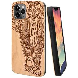 iProductsUS Wood Phone Case Compatible with iPhone 11 (6.1''), Engraved Unique Elephant, Built-in Metal Plate, TPU Protective Shockproof Cover (6.1 inch)