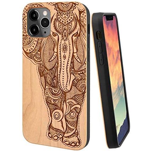 iProductsUS Wood Phone Case Compatible with iPhone 11 (6.1''), Engraved Unique Elephant, Built-in Metal Plate, TPU Protective Shockproof Cover (6.1 inch)