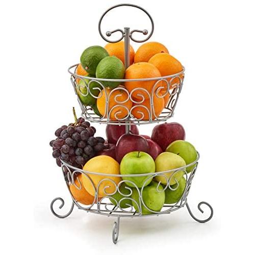 EZOWare 2-Tier Fruit Bowl Stand, Round Kitchen Produce Countertop Display Holder - Storage Organiser for Fruits Veggies Snacks Household Items - Silver Metal