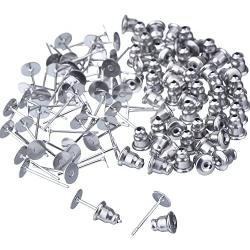 Outus 100 Pieces Stainless Steel Bullet Clutch Earrings Safety Backs and Blank Earring Pin Studs Findings Posts (Silver)