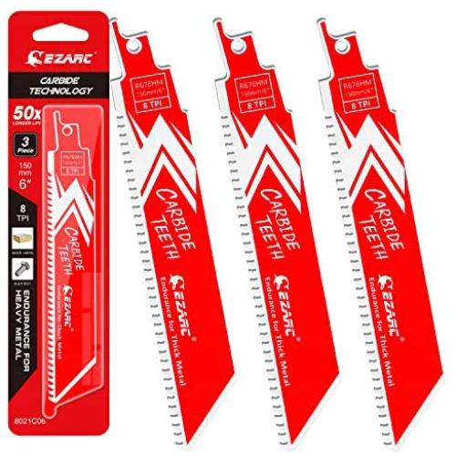 EZARC Carbide Reciprocating Saw Blade R678HM Endurance for Thick Metal, Cast Iron, Alloy Steel 6-Inch 8TPI, 3-Pack EZARC Carbide Reciprocating Saw Blade R678HM Endurance for Thick Metal, Cast Iron, Alloy Steel 6-Inch 8TPI, 3-Pack