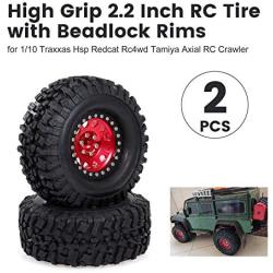 GoolRC 2PCS 2.2 Inch RC Rubber Tire Alloy Beadlock Rims Wheel Upgrade Parts for Traxxas Hsp Redcat Tamiya Axial Scx10 D90 Hpi RC Crawler (Red)