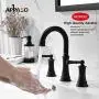 3 Hole Matte Black Widespread Bathroom Sink Faucet, 2 Handle Lavatory Vessel Faucets with Pop Up Drain Assembly and Soap Dispenser, APPASO