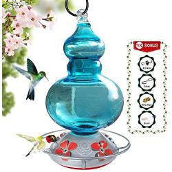 Grateful Gnome - Hummingbird Feeder - Hand Blown Glass - Carolina Blue Sky - 32 Fluid Ounces Free Bonus Accessories S-Hook, Ant Moat, Brush and Hemp Rope Included