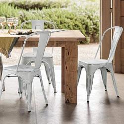 Devoko Metal Indoor-Outdoor Chairs Distressed Style Kitchen Dining Chairs Stackable Side Chairs with Back Set of 4 (White)