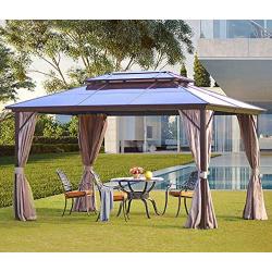 YOLENY 10x13 Outdoor Polycarbonate Double Roof Hardtop Gazebo Canopy Curtains Aluminum Frame with Netting for Garden,Patio