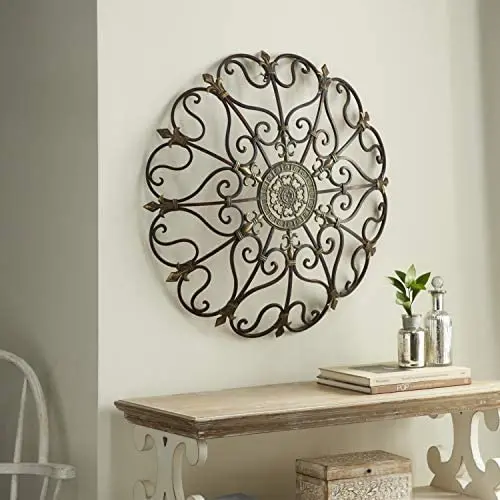 Vintage Style Round Copper Metal Wall Decor w/ Fleur de Lis Accents, Copper and Gold Metal Wall Art, Fleur de Lis and Quatrefoil 3D Wall Art, 29” Vintage Style Round Copper Metal Wall Decor w/ Fleur de Lis Accents, Copper and Gold Metal Wall Art, Fleur de Lis and Quatrefoil 3D Wall Art, 29”