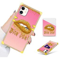 Bonoma iPhone 11 Case 6.1 in 2019 with Wallet Card Holder, Glitter Lips Bite Me Square Soft TPU Full Body Shockproof Protective Phone Case - Pink