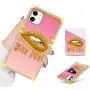 Bonoma iPhone 11 Case 6.1 in 2019 with Wallet Card Holder, Glitter Lips Bite Me Square Soft TPU Full Body Shockproof Protective Phone Case - Pink
