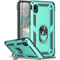 TJS Phone Case Compatible with Samsung Galaxy A10E 5.8'' (Not Fit Galaxy A10/M10), with [Full Coverage Tempered Glass Screen Protector] Resistant Defender Metal Ring Magnetic Support Cover (Teal)