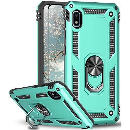 TJS Phone Case Compatible with Samsung Galaxy A10E 5.8'' (Not Fit Galaxy A10/M10), with [Full Coverage Tempered Glass Screen Protector] Resistant Defender Metal Ring Magnetic Support Cover (Teal)