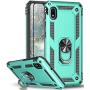 TJS Phone Case Compatible with Samsung Galaxy A10E 5.8'' (Not Fit Galaxy A10/M10), with [Full Coverage Tempered Glass Screen Protector] Resistant Defender Metal Ring Magnetic Support Cover (Teal)