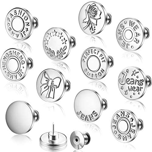 12 Sets Replacement Metal Jean Buttons Silver No Sew Instant Buttons 17 mm Detachable Pants Buttons for Jeans Clothes Jackets Bags