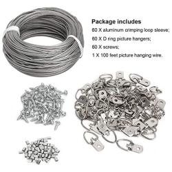 Picture Hanging Kit - 100 Feet Stainless Steel Hanging Wire, 60 Pcs D Ring Picture Hangers with Screws and 60 Pcs Aluminum Crimping Loop Sleeve for Hanging Paintings Photos