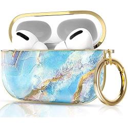 KINGXBAR Marble AirPods Pro Case with Protective Luxury Metal Plated Frame Shockproof Hard Cover AirPods Pro Accessories with Keychain for Apple AirPod Pro Charging Case Blue