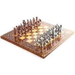 GiftHome Historical Antique Copper Rome Figures Metal Chess Set for Adults,Handmade Pieces and Natural Solid Wooden Chess Board with Original Pearl Around Board King 4 inc