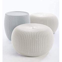 Keter Urban Knit Pouf Ottoman Set of 2 with Storage Table for Patio and Room Décor-Perfect for Balcony, Deck, and Outdoor Seating, Grey & White