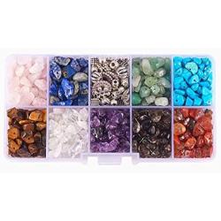 PH PandaHall 1 Box Chip Gemstone Beads Crushed Pieces Stone Irregular Shaped Beads with Tibetan Style Alloy Spacer Beads for Earring Bracelet Necklace Tree of Life Making Mixed Colors