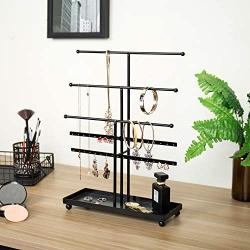 MyGift 5 T-Bar Modern Black Metal Jewelry Organizer for Bracelets, Necklaces and Earrings with Ring Tray