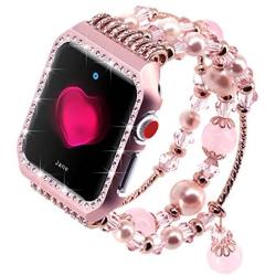 Falandi Apple Watch Band 38mm, Glittering Diamond Metal Rose Gold Case with Handmade Elastic Stretch Bracelet Fashion Women Girls Rhinestone Replacement Strap for iWatch Series 3/2 / 1(S, Pink-38mm)