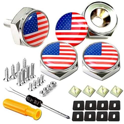 Aootf License Plate Screw Bolt Cap-American Flag Logo Metal Car License Plate Bolts Frame Screws Cover with USA Flag Sticker, License Plate Frame Security Fastener Kit with Anti-Rattle Foam Pads