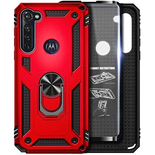 E-Began Case for Motorola Moto G Stylus (2020) with Tempered Glass Screen Protector, Metal Magnetic Ring Holder, Full-Body Protective Military Armor Phone Cover Case -Red
