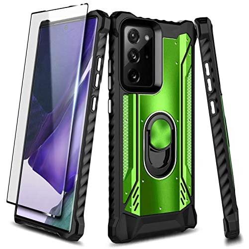 E-Began Case for Samsung Galaxy Note 20 Ultra 5G with Screen Protector (Maximum Coverage, Flexible TPU Film), Magnetic Metal Built-in Ring Holder, Full-Body Protective Shockproof Military Case -Green