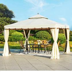 Erommy 10’ x 12’ Outdoor Canopy Gazebo Double Roof Patio Gazebo Steel Frame with Netting and Shade Curtains for Garden,Patio,Party Canopy-Cream