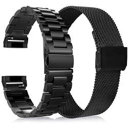 KOREDA Compatible with Fitbit Versa 3/Fitbit Sense Bands Sets, 2 Pack Stainless Steel Metal Band + Mesh Loop Replacement Bracelet Wristband Strap for Fitbit Versa 3/Sense Smartwatch (Black)