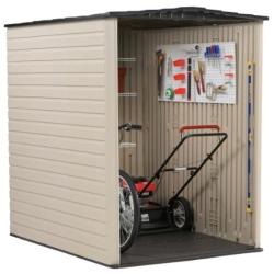 Rubbermaid Large Plastic Vertical Resin Weather Resistant Storage Shed, Bike Shed, Lawn Mover Storage, 5 x 6 Feet, Sandstone