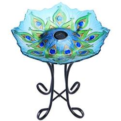 MUMTOP Outdoor Glass Birdbath Solar Birdbaths with Metal Stand for Lawn Yard Garden Peacock Decor,18” Dia21.65 Height