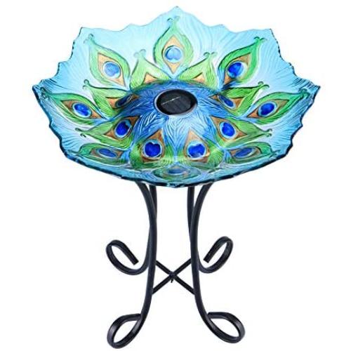 MUMTOP Outdoor Glass Birdbath Solar Birdbaths with Metal Stand for Lawn Yard Garden Peacock Decor,18” Dia21.65 Height