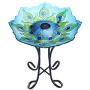 MUMTOP Outdoor Glass Birdbath Solar Birdbaths with Metal Stand for Lawn Yard Garden Peacock Decor,18” Dia21.65 Height