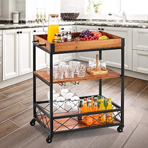 kealive Kitchen Bar Cart for Home Mobile Metal Wine Cart on Wheels with Handle Rack, Glass Holder, Removable Wood Box Container, Rustic Serving Cart 3-Tier Storage, Vintage Brown 26L x 18W x 32.5H