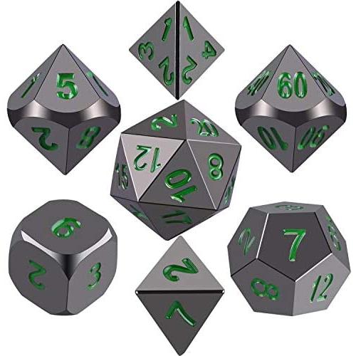 SIQUK Metal Polyhedral Dice Shiny Black Body and Dark Green Numbers Zinc Alloy Dice with Metal Case