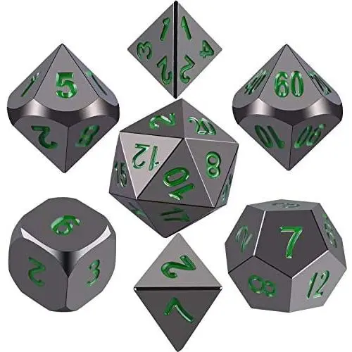 SIQUK Metal Polyhedral Dice Shiny Black Body and Dark Green Numbers Zinc Alloy Dice with Metal Case