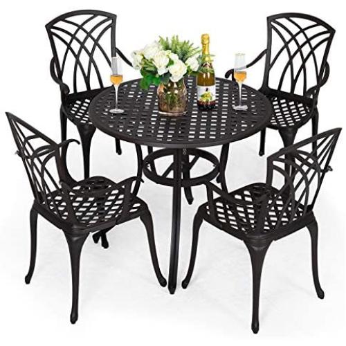 Nuu Garden 5-Piece Table Set with Umbrella Hole All-Weather Outdoor Cast Aluminum Dining Set for Patio, Garden, Backyard, Balcony, Lawn, 1 Table and 4 Chairs-Antique Bronze