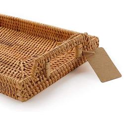 DECRAFTS Hand-Woven Rattan Rectangular Serving Tray with Handles for Breakfast, Drinks, Snack for Coffee Table (14.5x10.2x1.4inches)