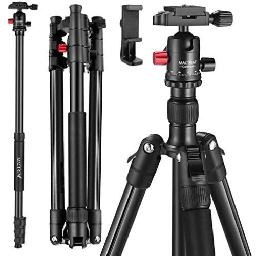 MACTREM Professional Camera Tripod with Phone Mount, 62'' DSLR Tripod for Travel, Super Lightweight and Reliable Stability, Ball Head Tripod Detachable Monopod with Carry Bag (Black)