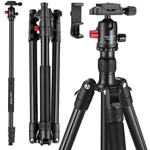 MACTREM Professional Camera Tripod with Phone Mount, 62'' DSLR Tripod for Travel, Super Lightweight and Reliable Stability, Ball Head Tripod Detachable Monopod with Carry Bag (Black)